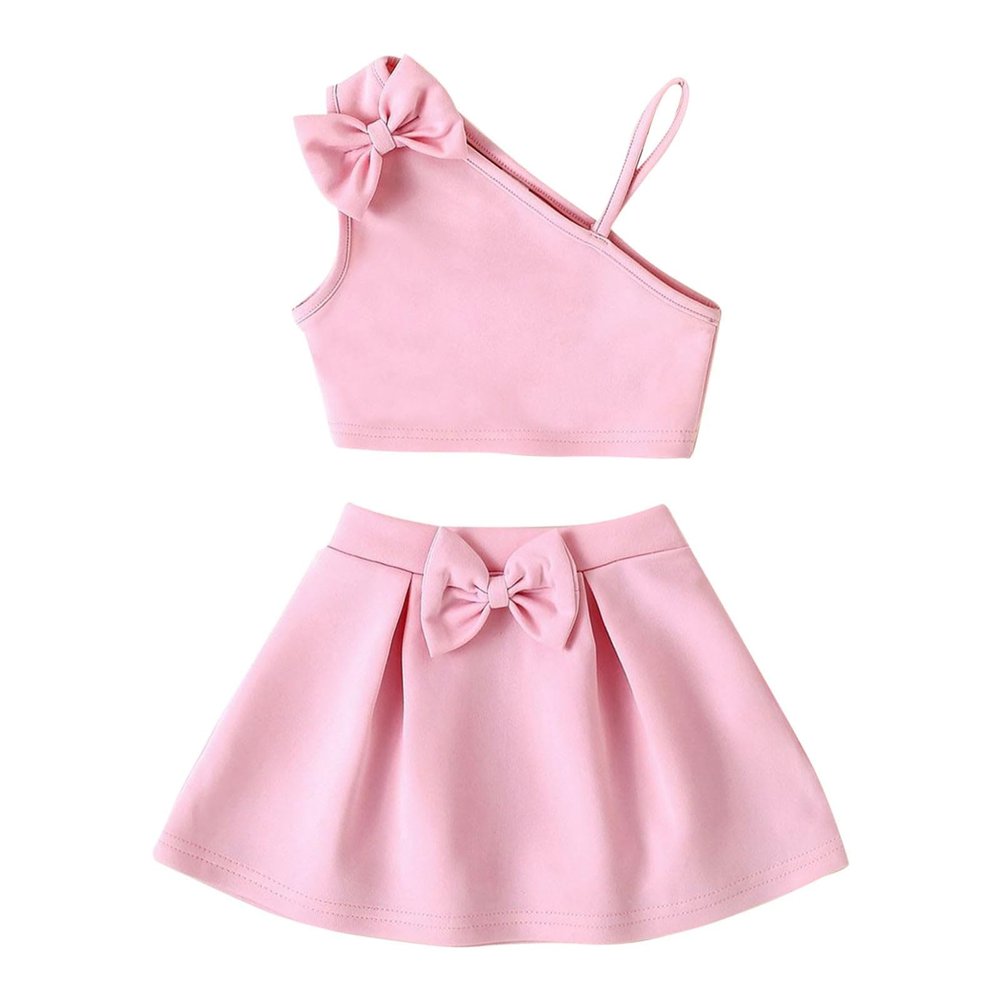AMIMOJY Baby Girls Summer Dresses Kids One Shoulder Tank Top Halter Solid Shorts Skirt with Bow Casual Outfits Set 2Pcs, 4T, Pink