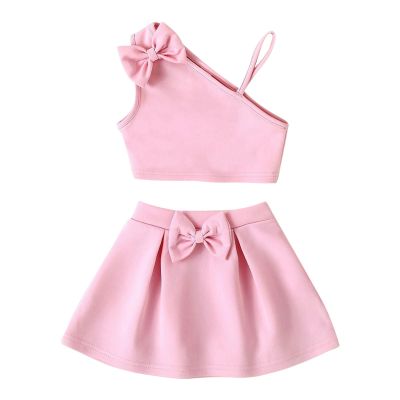 AMIMOJY Baby Girls Summer Dresses Kids One Shoulder Tank Top Halter Solid Shorts Skirt with Bow Casual Outfits Set 2Pcs, 5T