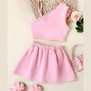 AMIMOJY Baby Girls Summer Dresses Kids One Shoulder Tank Top Halter Solid Shorts Skirt with Bow Casual Outfits Set 2Pcs, 5T view 2