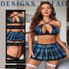 Avidlove Woman Lingerie Sets with Plaid Skirt Sexy Costume Outfit 2 Pcs Lingerie Sets with Underwire(Blue Black Plaid,XS) view 3