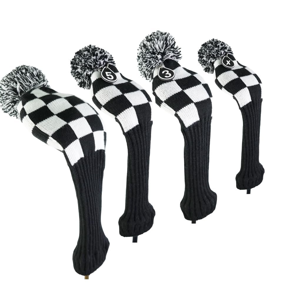 4 Pieces Stripes Knitted Golf Club Head Covers 1 3 5 X Driver and Fairway Wood2 and Hybrid(UT) (Black Square(4piece Set))