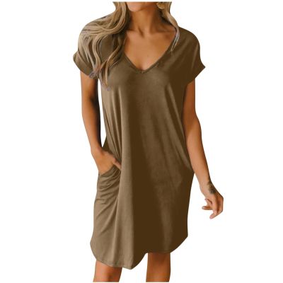 NaRHbrg Summer Dresses for Women Casual Dresses 2024 V Neck Short Sleeve Shift Dress Knee Length Beach Sundress with Pockets Coffee