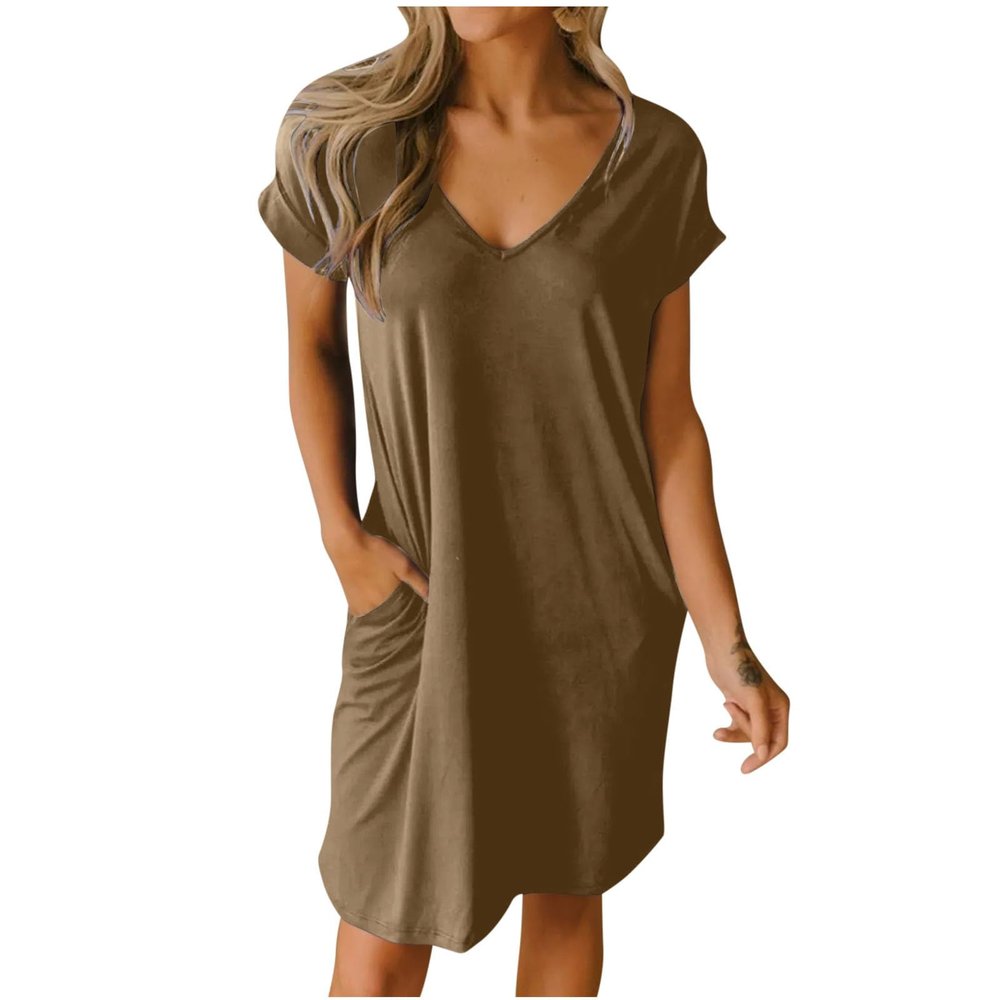 NaRHbrg Summer Dresses for Women Casual Dresses 2024 V Neck Short Sleeve Shift Dress Knee Length Beach Sundress with Pockets Coffee