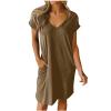 NaRHbrg Summer Dresses for Women Casual Dresses 2024 V Neck Short Sleeve Shift Dress Knee Length Beach Sundress with Pockets Coffee view 1