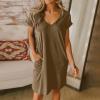 NaRHbrg Summer Dresses for Women Casual Dresses 2024 V Neck Short Sleeve Shift Dress Knee Length Beach Sundress with Pockets Coffee view 2
