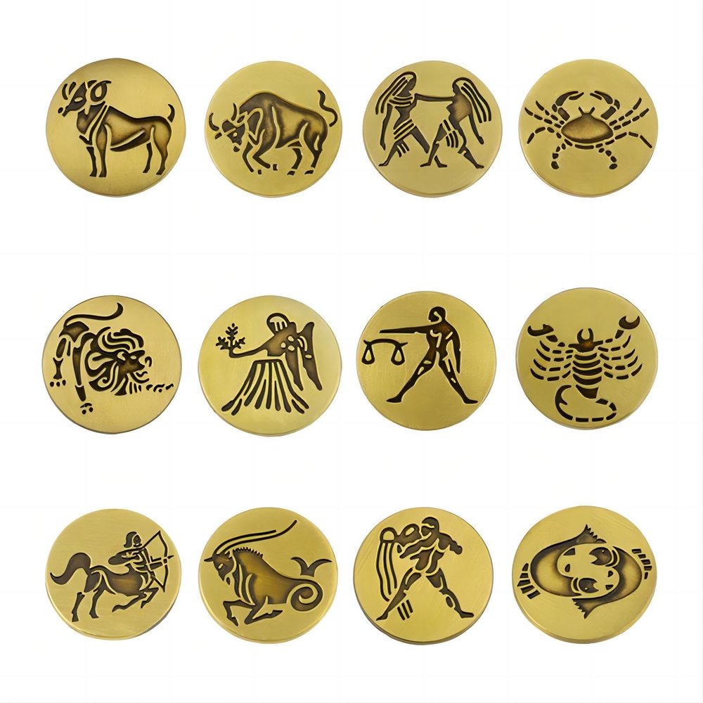 12 Vintage Cosmic Zodiac Brooches, Antique Bronze Metal Zodiac Pins, Bag Clothing Accessories