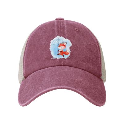 A Cute Little Fox Walking Under an Umbrella in The Rain Baseball Cap for Women Mens Hats Retro Mesh Caps Dad Hat Red
