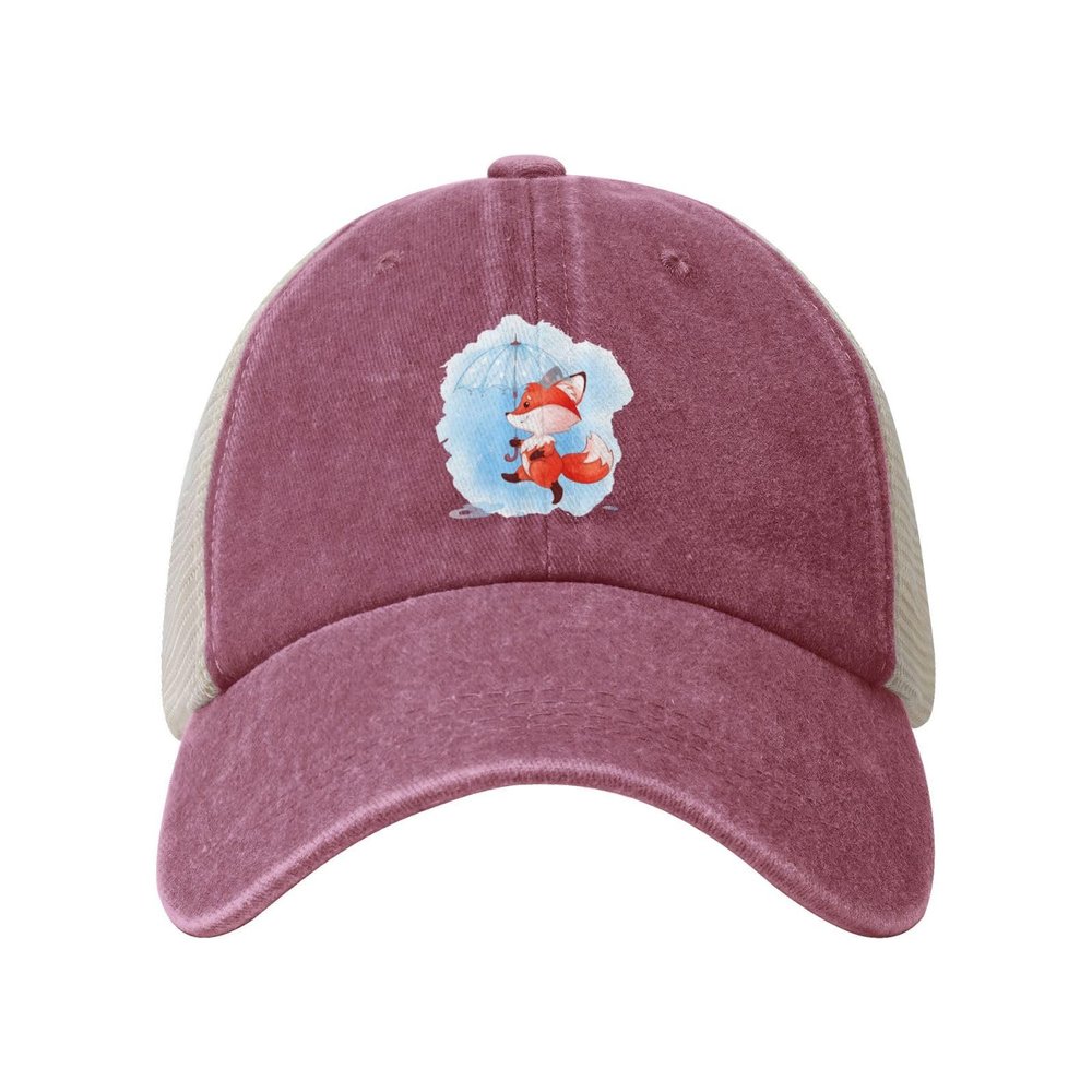 A Cute Little Fox Walking Under an Umbrella in The Rain Baseball Cap for Women Mens Hats Retro Mesh Caps Dad Hat Red