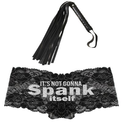 RhinestoneSash Sexy Gifts for Her - SET OF 2: Silver Bold Spank Itself Black Lace Boyshort Panty & Black Fringe - Funny Sayings Panties for Girlfriend - Large - Set2(SpnkBS Whp) SLV/BLK