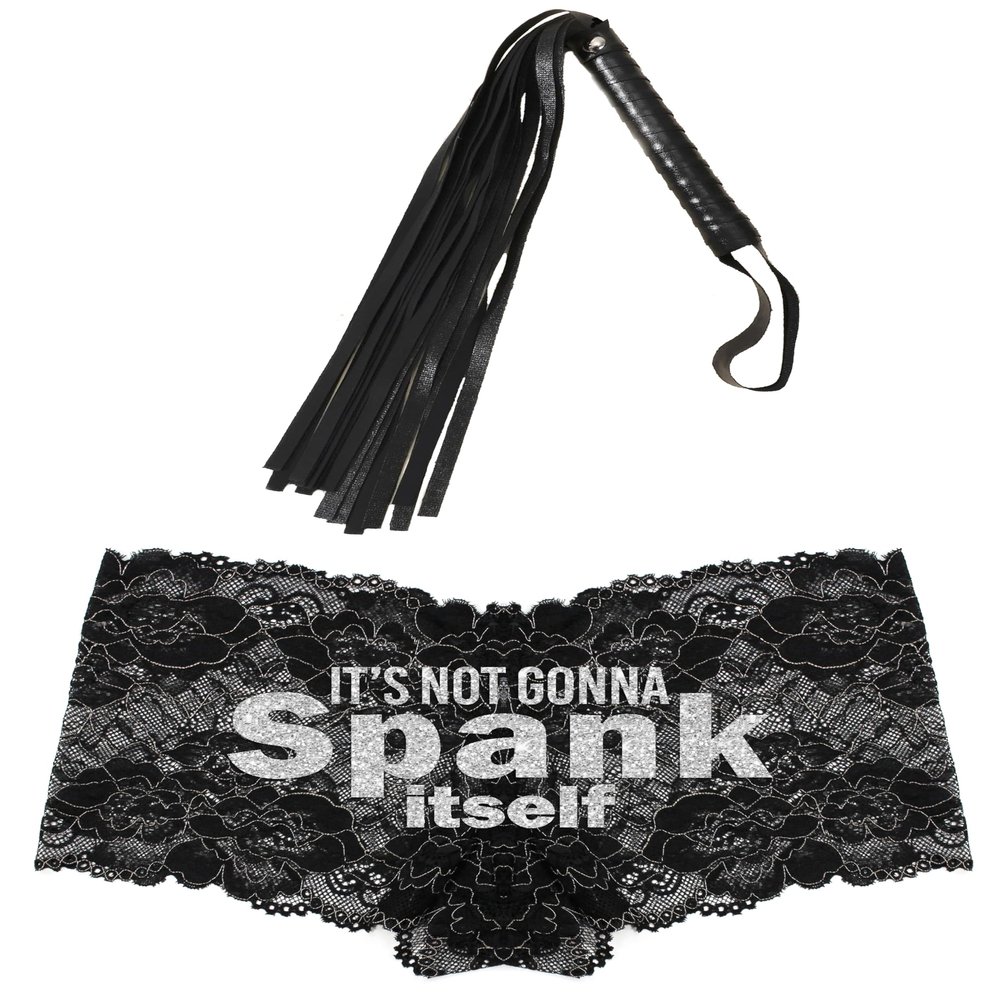 RhinestoneSash Sexy Gifts for Her - SET OF 2: Silver Bold Spank Itself Black Lace Boyshort Panty & Black Fringe - Funny Sayings Panties for Girlfriend - Large - Set2(SpnkBS Whp) SLV/BLK