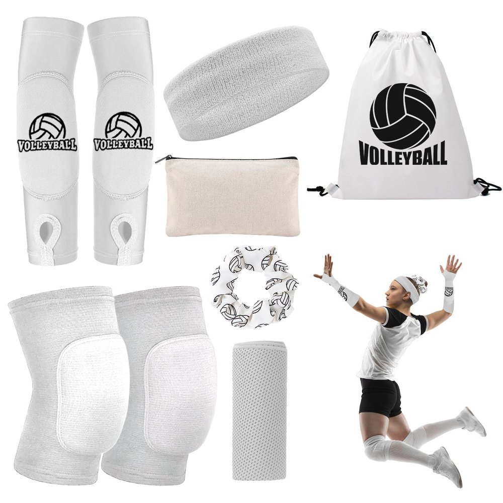 Volleyball Knee Pads Volleyball Arm Sleeves, UMACWIN Volleyball Accessories Set with Knee Pads Arm Pads Sweatband Scrunchie Makeup Bag Cooling Towel and Drawstring Bag for Women Girls Youth