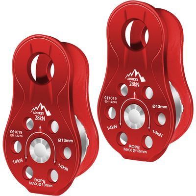 AINIKEY Fixed Plate Micro Pulley, 28KN CE Certified General Purpose Small Aluminum Rope Pulleys Slack Tender for Hauling/Rigging/Climbing/Aloft Work/Rappelling etc (Pack of 2(28KN Pulley Red))