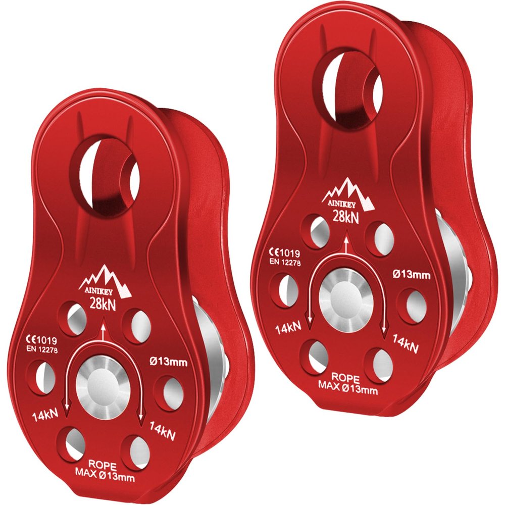 AINIKEY Fixed Plate Micro Pulley, 28KN CE Certified General Purpose Small Aluminum Rope Pulleys Slack Tender for Hauling/Rigging/Climbing/Aloft Work/Rappelling etc (Pack of 2(28KN Pulley Red))
