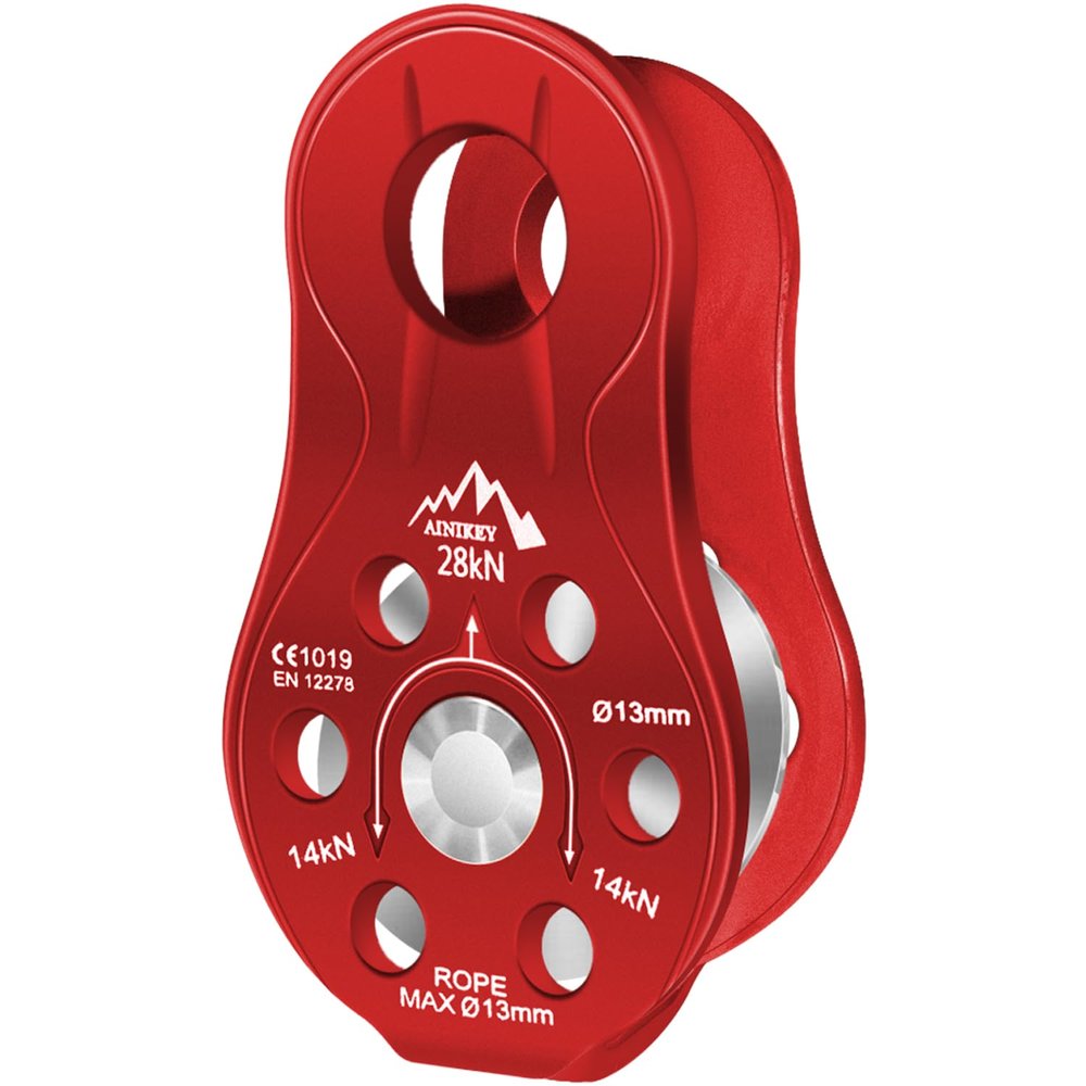 AINIKEY Fixed Plate Micro Pulley, 28KN CE Certified General Purpose Small Aluminum Rope Pulleys Slack Tender for Hauling/Rigging/Climbing/Aloft Work/Rappelling etc (One Unit (28KN Pulley Red))