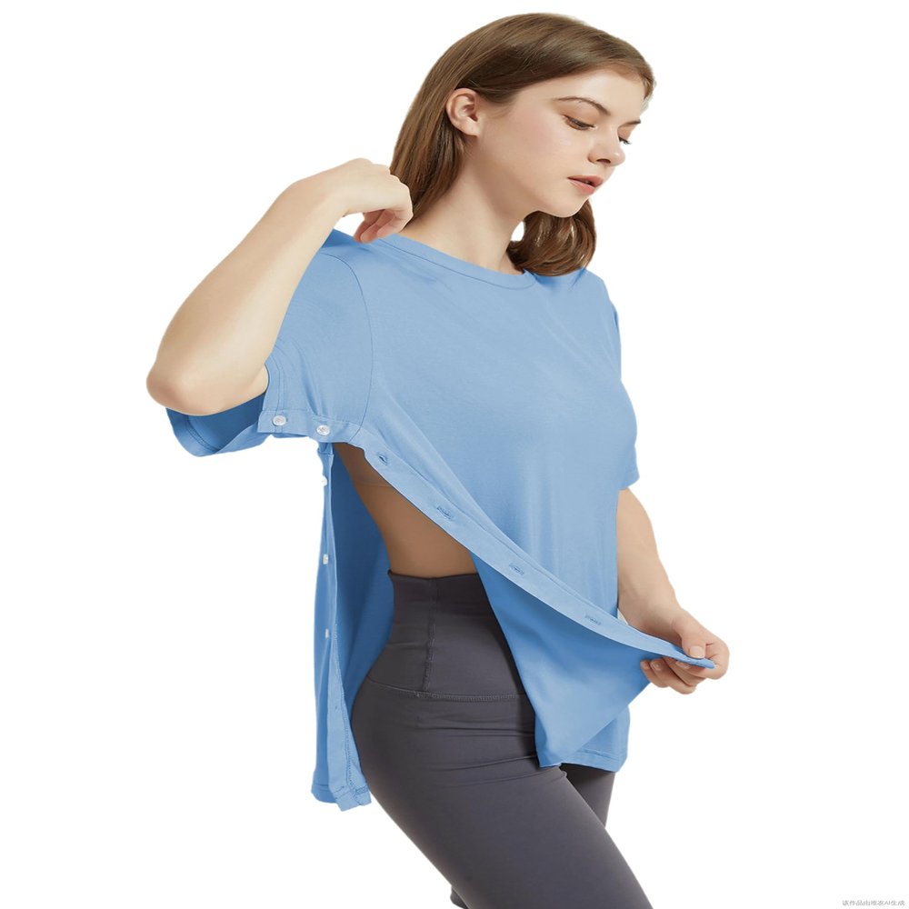 7 VEILS Unisex Post Surgery Recovery Tshirt Chest Port Access Chemo Shirt Men & Women Adaptive Clothing (Blue -XL)