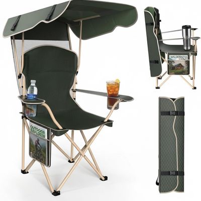 CozyBox Portable Folding Camping Chairs with Canopy Shade, Beach Chair for Adults, Durable Weather Resistant 600D Oxford Cloth, Camping Chair with Canopy for Outdoors [Olive Green]