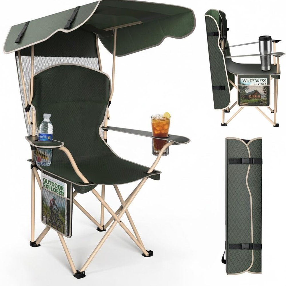 CozyBox Portable Folding Camping Chairs with Canopy Shade, Beach Chair for Adults, Durable Weather Resistant 600D Oxford Cloth, Camping Chair with Canopy for Outdoors [Olive Green]