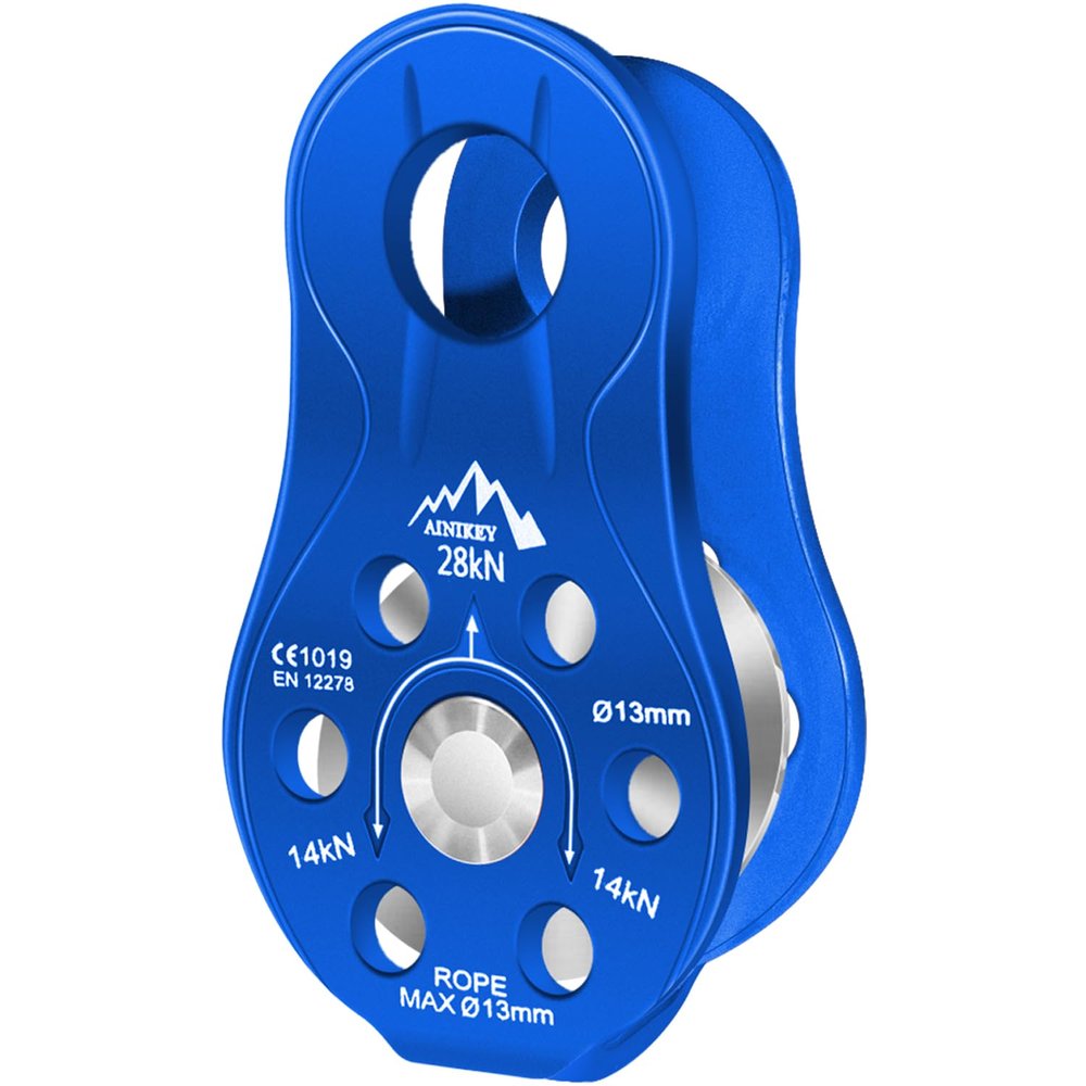 AINIKEY Fixed Plate Micro Pulley, 28KN CE Certified General Purpose Small Aluminum Rope Pulleys Slack Tender for Hauling/Rigging/Climbing/Aloft Work/Rappelling etc (One Unit (28KN Pulley Blue))