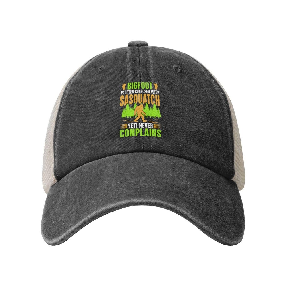 Bigfoot is Often Confused with Sasquatch Yeti Never Complains Baseball Cap for Women Mens Hats Retro Mesh Caps Dad Hat Black