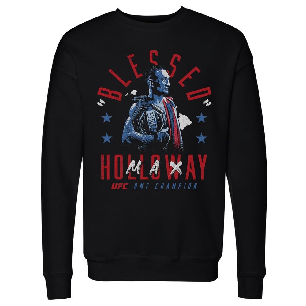 500 LEVEL Max Holloway UFC Crewneck Sweatshirt - Max Holloway Blessed BMF Champion WHT (Black, XX-Large)