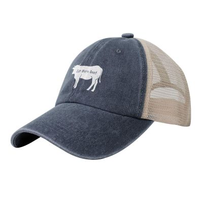 NineFit Basics Eat More Beef Hat Mens Vintage Distressed Baseball Caps with Breathable Mesh Back Trucker Hat Navy Blue