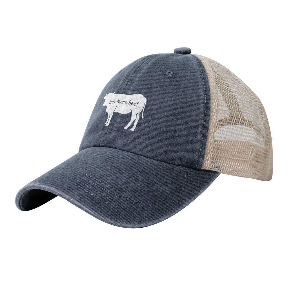 NineFit Basics Eat More Beef Hat Mens Vintage Distressed Baseball Caps with Breathable Mesh Back Trucker Hat Navy Blue