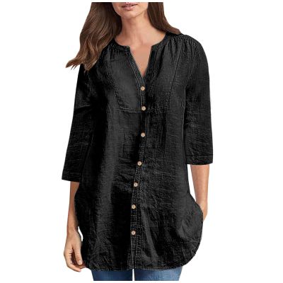 3/4 Sleeve Tops Women Ladies Cotton Linen Shirts Long Summer Button Down Shirts Casual Blouse 2024 Work Clothes Black