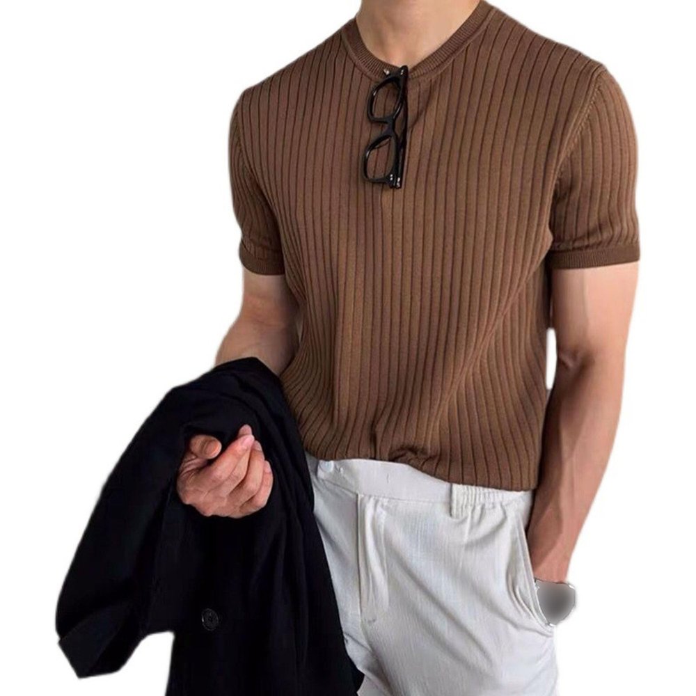 Men's Crew Knitted T-Shirt Slim Solid Muscle Short Sleeve Classic Workout Male Knit Tee (XX-Large,Camel Color)