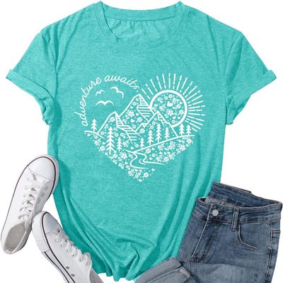 Women Adventure Awaits Outdoor Graphic Tee Shirt Kindness Heart Printed Hike Mountain Nature Travel Shirt Workout Tops, Aqua Blue L