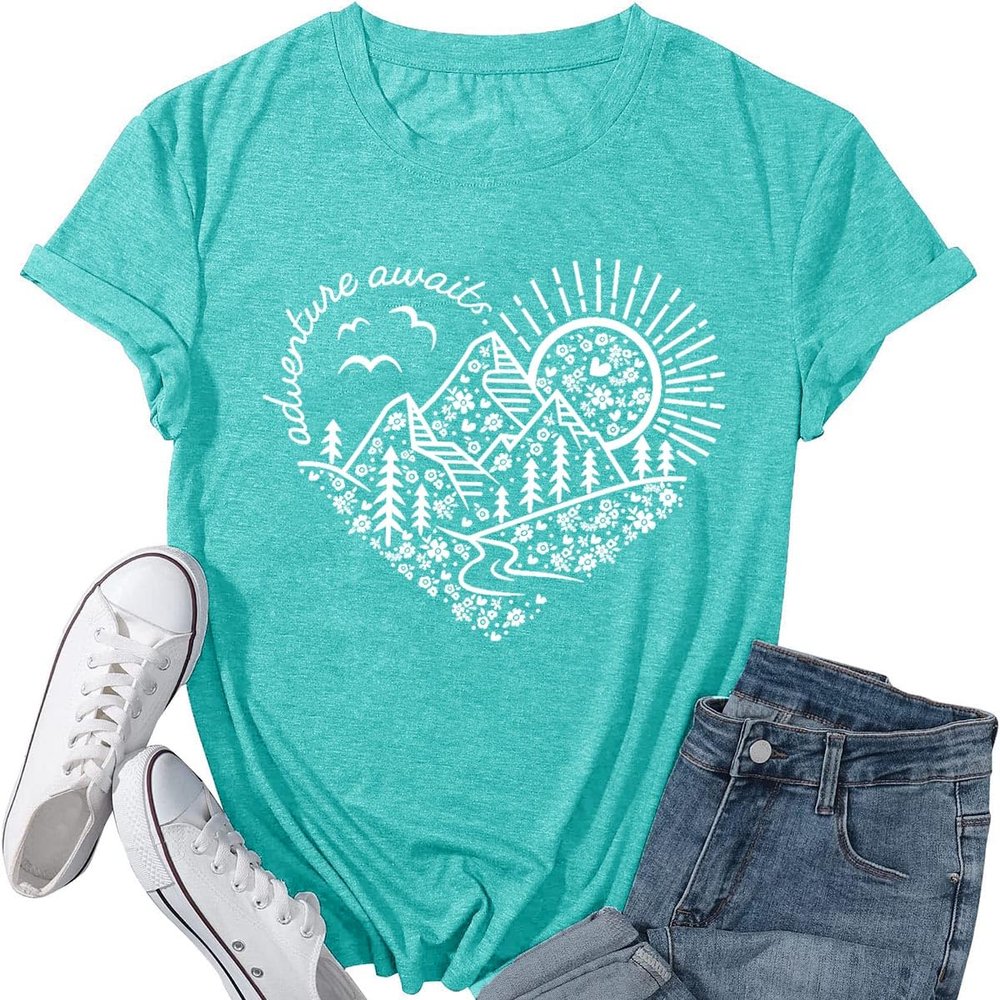 Women Adventure Awaits Outdoor Graphic Tee Shirt Kindness Heart Printed Hike Mountain Nature Travel Shirt Workout Tops, Aqua Blue L