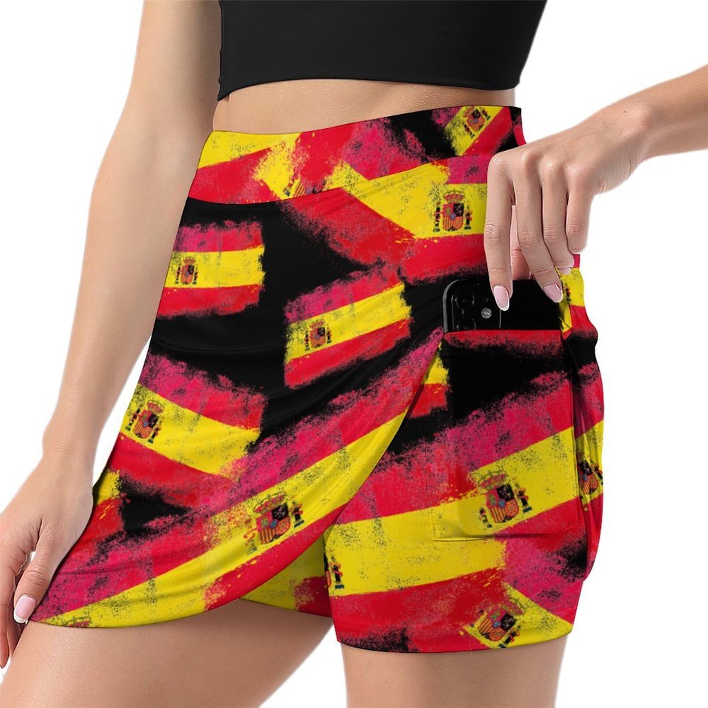 Grunge Flag Spain Women's Athletic Tennis Skirt with Pocket Golf Active High Waisted Skirts for Sports Gym