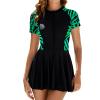 FYMNSI One Piece Rash Guard for Women Short Sleeve Swimsuits Swim Dress Zipper Rashguard Swimdress Shirts with Built-in Shorts Swimwear Athletic Surfing Bathing Suit UPF 50 Beach Wear Black Green L view 1