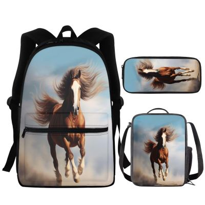 Pointodoor Kids Backpack Set Horse Bookbag and Lunch Box Set for Kindergarten Girls 17 Inch Schoolbags Small Pencil Case 3Pcs Travel Bagpack Rucksack for Teen Boys