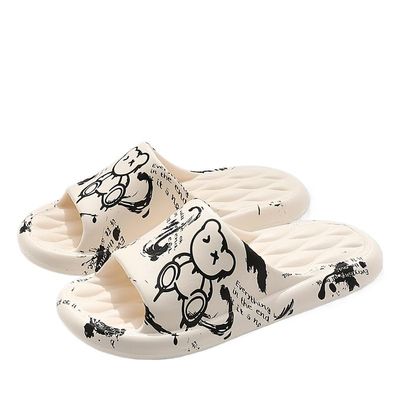 Hhhchpm Men's Women Kids Trendy Flower Print Slip On Platform Slides, Unisex Casual Open Toe Anti-Skid Slippers for Indoor Outdoor Bathroom (Little Bear,5.5,6)