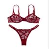 Lilosy Sexy Cute Underwire Push Up Strappy Heart Embroidered Mesh Sheer Lingerie Set for Women Bachelorette See Through Bra and Panty 2 Piece Burgundy Red X-Large view 2