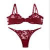 Lilosy Sexy Cute Underwire Push Up Strappy Heart Embroidered Mesh Sheer Lingerie Set for Women Bachelorette See Through Bra and Panty 2 Piece Burgundy Red X-Large view 3