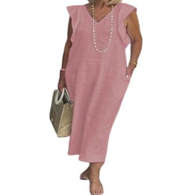 Women Summer Cotton Linen Sleeveless V Neck Sun Maxi Dress Plus Size Ruffle Casual Flowy Beach Long Shift Tunic Tank Dress