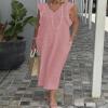Women Summer Cotton Linen Sleeveless V Neck Sun Maxi Dress Plus Size Ruffle Casual Flowy Beach Long Shift Tunic Tank Dress view 2