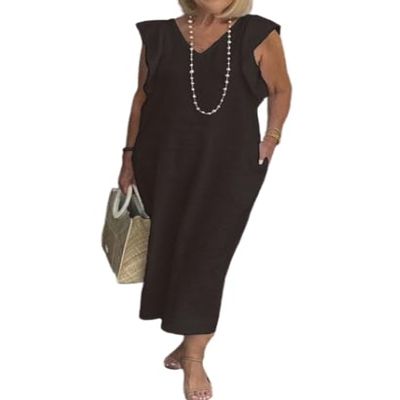 Women Summer Cotton Linen Sleeveless V Neck Sun Maxi Dress Plus Size Ruffle Casual Flowy Beach Long Shift Tunic Tank Dress