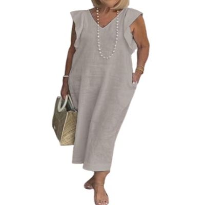 Women Summer Cotton Linen Sleeveless V Neck Sun Maxi Dress Plus Size Ruffle Casual Flowy Beach Long Shift Tunic Tank Dress