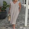 Women Summer Cotton Linen Sleeveless V Neck Sun Maxi Dress Plus Size Ruffle Casual Flowy Beach Long Shift Tunic Tank Dress view 2