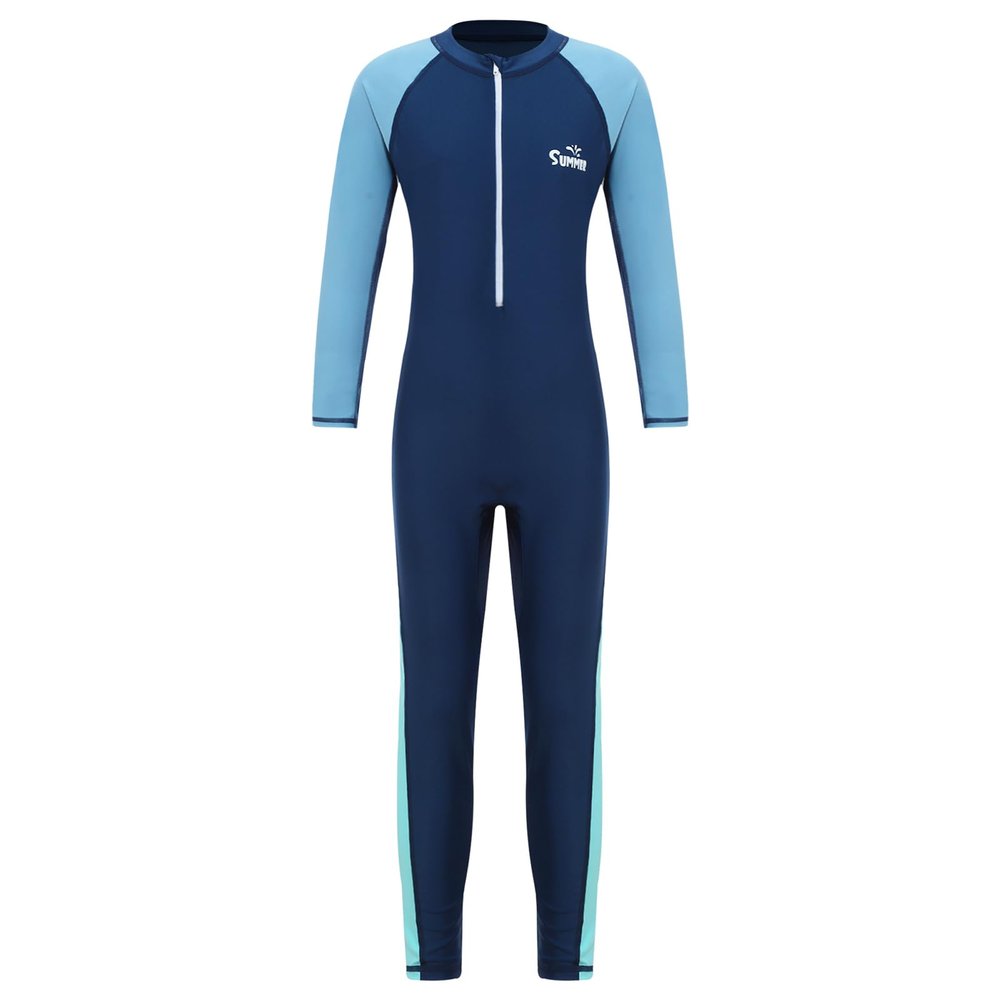 Linjinx Kids Boys One-Piece Long Sleeve Swimwear Full Body Rash Guard Sunsuit Swimsuit Wetsuit Beachwear Bathing Suit Navy Blue 7-8 Years