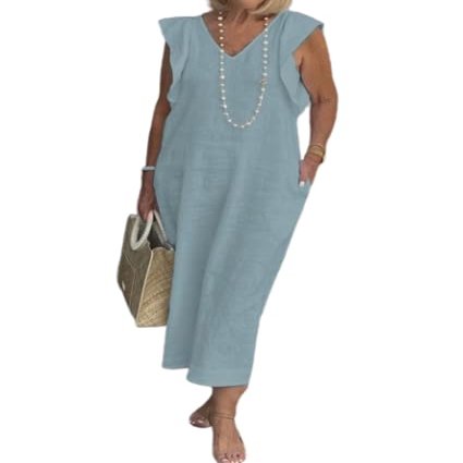 Women Summer Cotton Linen Sleeveless V Neck Sun Maxi Dress Plus Size Ruffle Casual Flowy Beach Long Shift Tunic Tank Dress