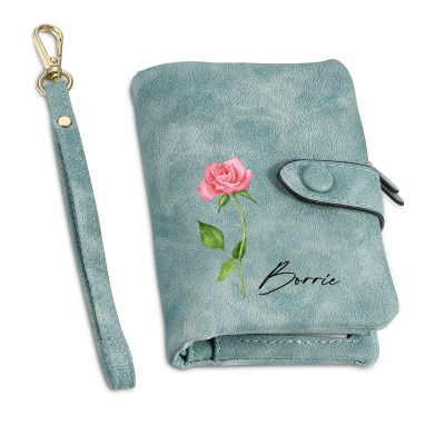 Amsgedhie Personalized Wallet Women Small with Birth Flower and Name: Custom Bi-fold Women's Wallets - Ladies Minimalist Wallet for Women Teen Girls Gift (Cyan, Birth Flower Name 1#)