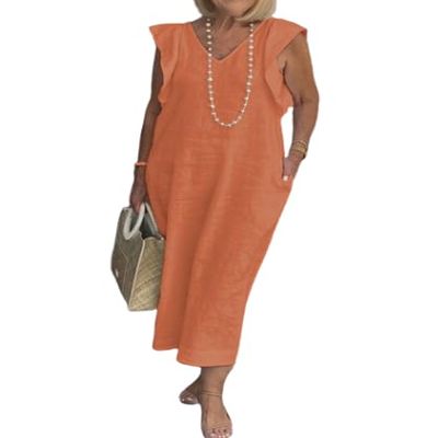 Women Summer Cotton Linen Sleeveless V Neck Sun Maxi Dress Plus Size Ruffle Casual Flowy Beach Long Shift Tunic Tank Dress