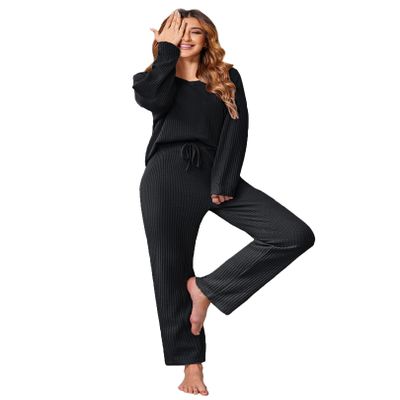 Ekouaer Women's Waffle Knit Pajama Sets Comfy Long Sleeve Lounge Sets 2 Piece Matching Pj Sets with Pockets Black Large