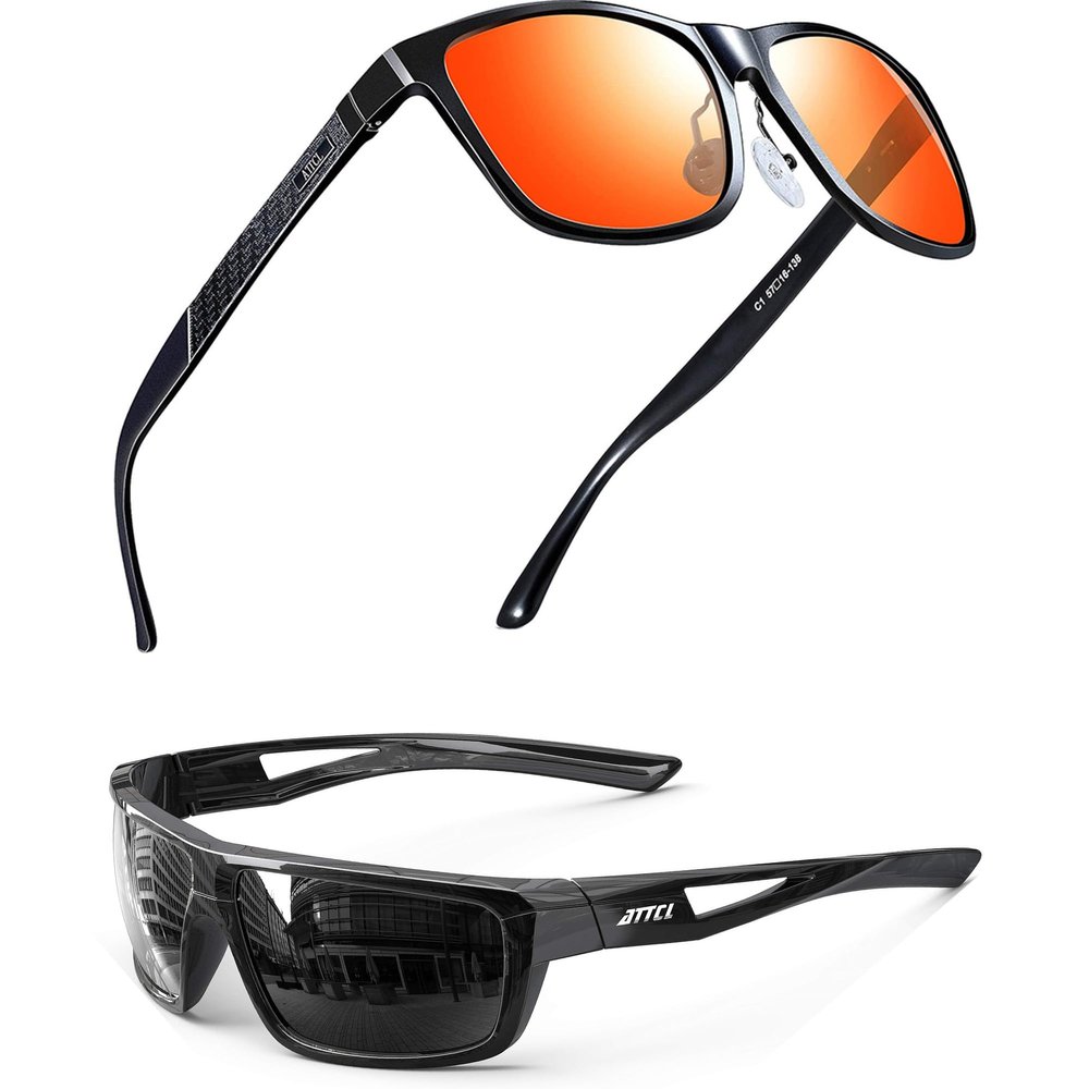 ATTCL Bundle Sports Polarized Sunglasses For Men Cycling Driving Fishing 100% UV Protection:(8587-black-red)+(2021-Black+grey)