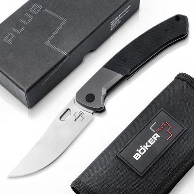 BKER PLUS Elso Folder - Outdoor knife with D2 upswept blade - Professional Frame-Lock knife large - EDC Utility Knife with G10 handle black - folding & pocket knife with clip & case