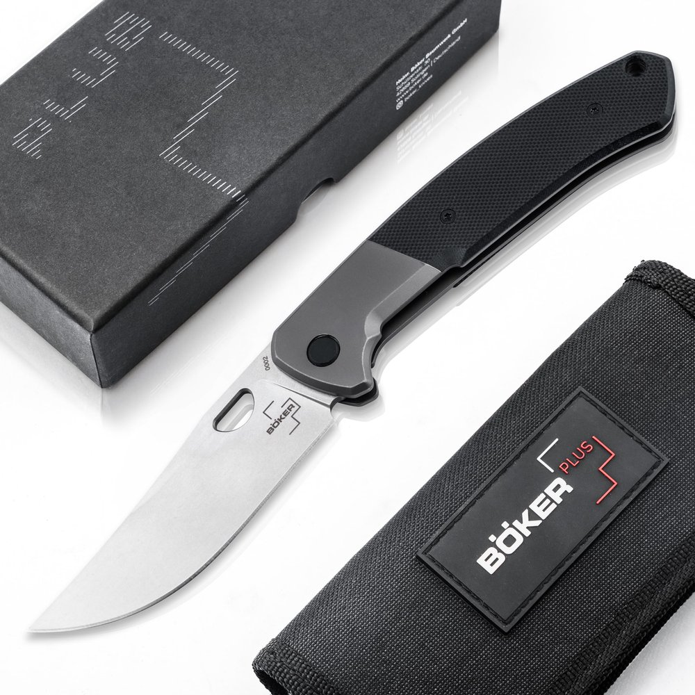 BKER PLUS Elso Folder - Outdoor knife with D2 upswept blade - Professional Frame-Lock knife large - EDC Utility Knife with G10 handle black - folding & pocket knife with clip & case