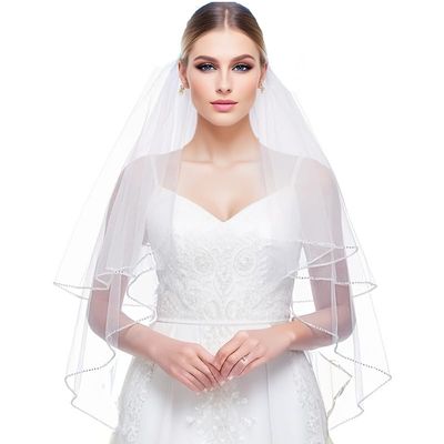 ROSEEDEN two ties 2T Lace Veil wedding bridal woman short veil soft tulle veil with metal comb (Ivory, Crystal Edge Length 25"+33" Width 59")
